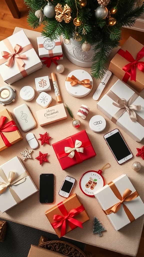 Flat lay of creative Christmas gifts including personalized jewelry, candles, and tech gadgets on a festive table.